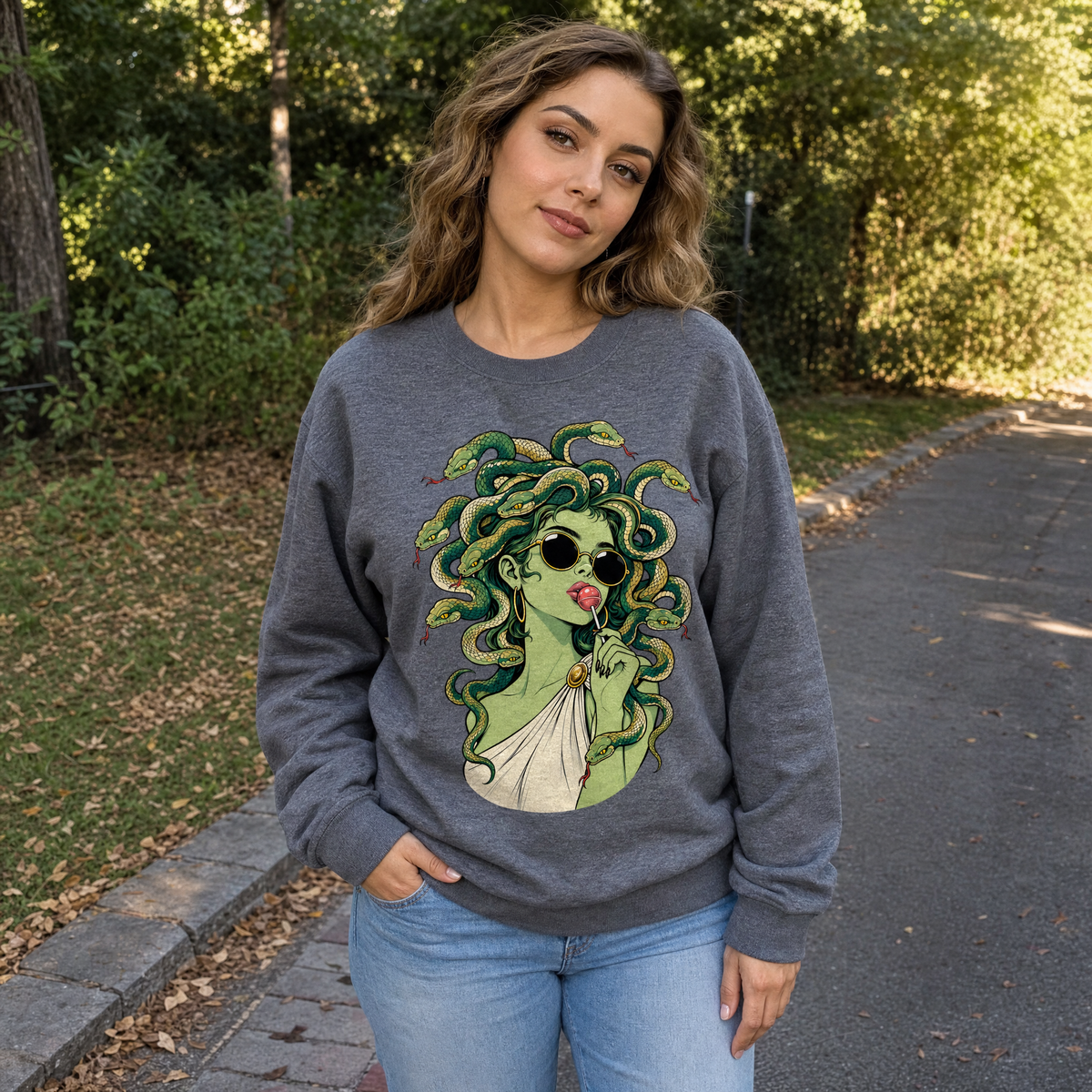 Model wearing the Medusa With Lollipop sweatshirt in Dark Heather