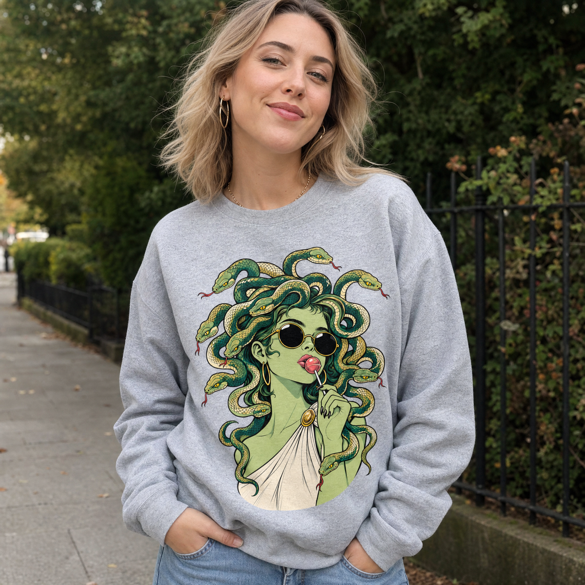 Model wearing the Medusa With Lollipop sweatshirt in Sport Grey, lifestyle image 1