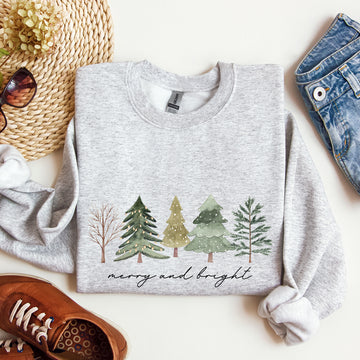 Merry And Bright, Watercolor Trees, Christmas Sweatshirt