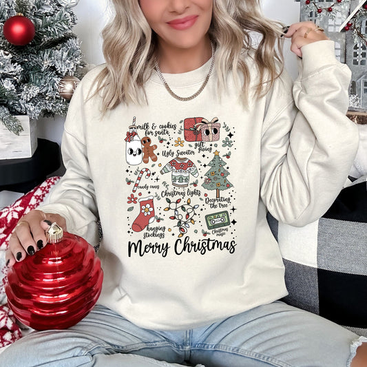 Merry Christmas Doodles, Cute, Santa, Stockings, Tree, Retro Sweatshirt