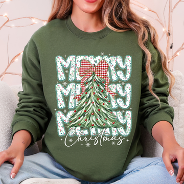 Merry Christmas, Beautiful Tree, Classic Christmas, Santa, Gingham Bow Sweatshirt