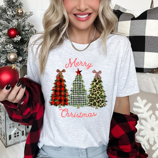 Merry Christmas, Leopard Print and Plaid Trees With Ribbons, Super Soft Tee