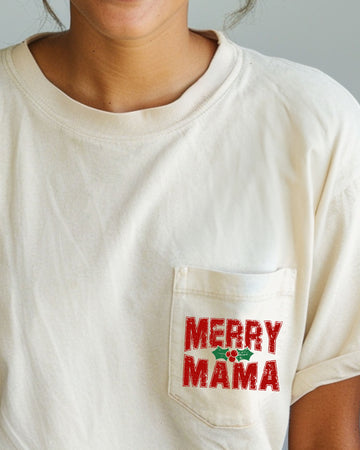 Merry Mama, Pocket, Christmas, Winter, Santa, Snow, Xmas Pocket Tee Comfort Colors T-Shirt