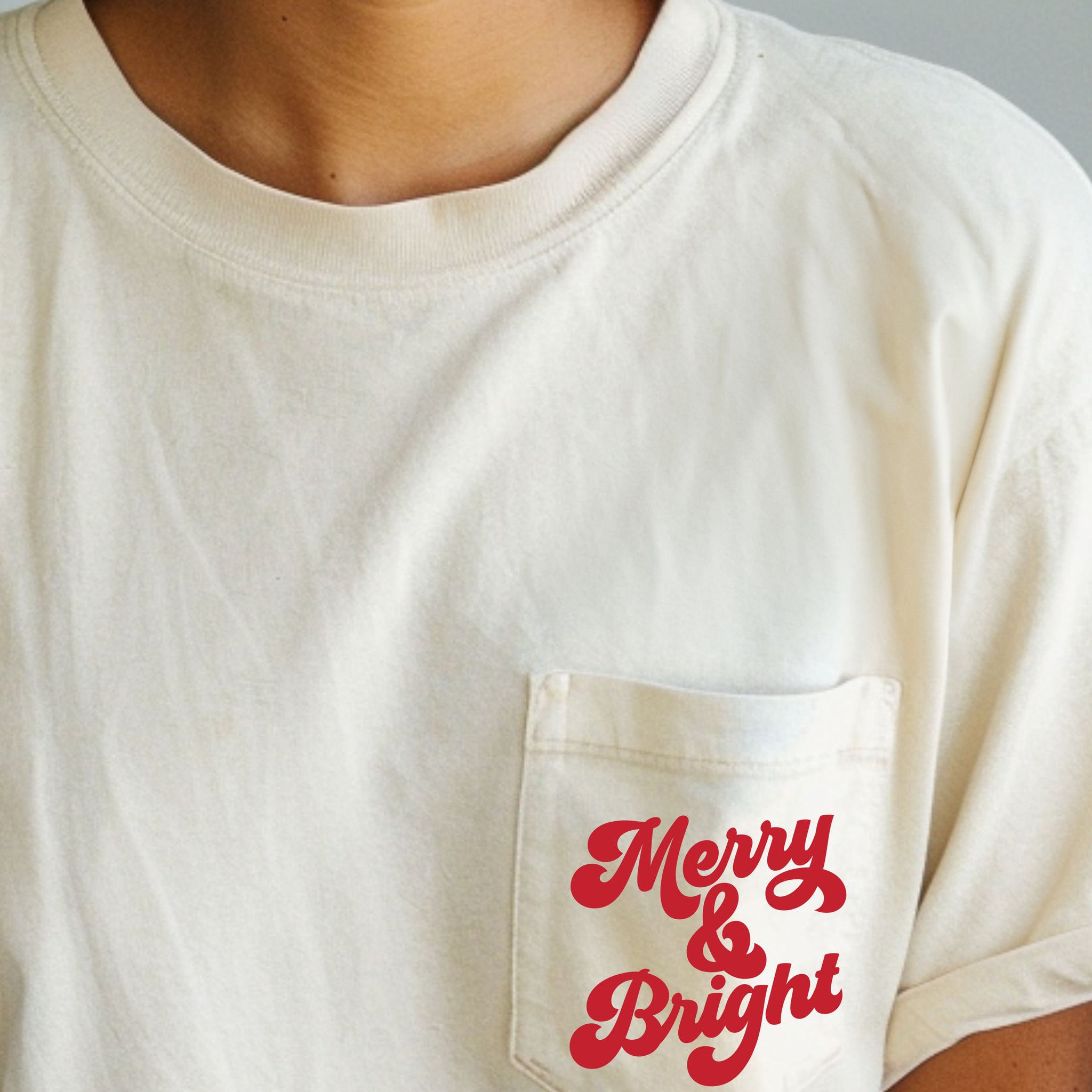 Merry & Bright, Pocket, Christmas, Santa, Winter, Snow, Xmas Pocket Tee Comfort Colors T-Shirt