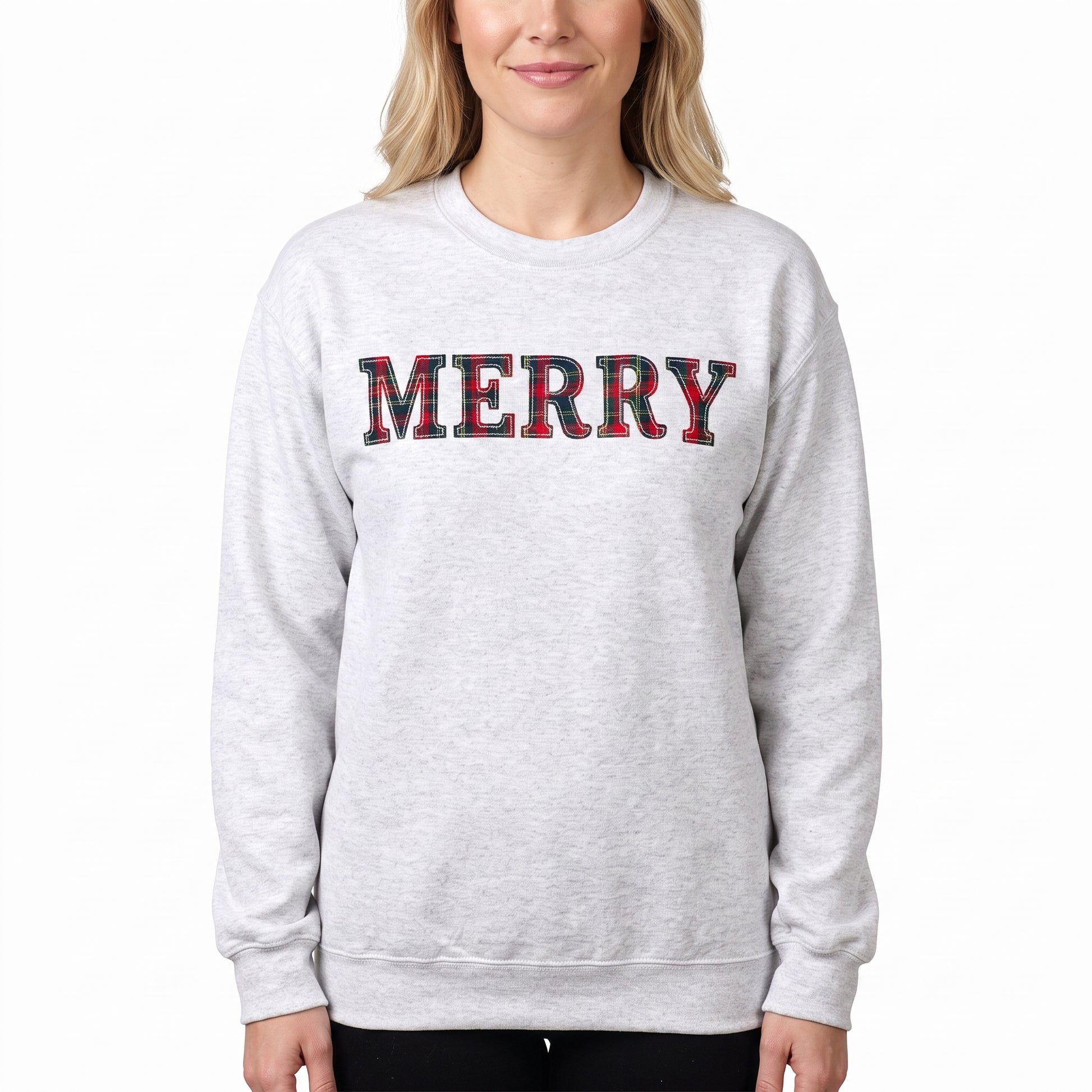 Model wearing the Merry Plaid Text sweatshirt in Ash, cover image 1