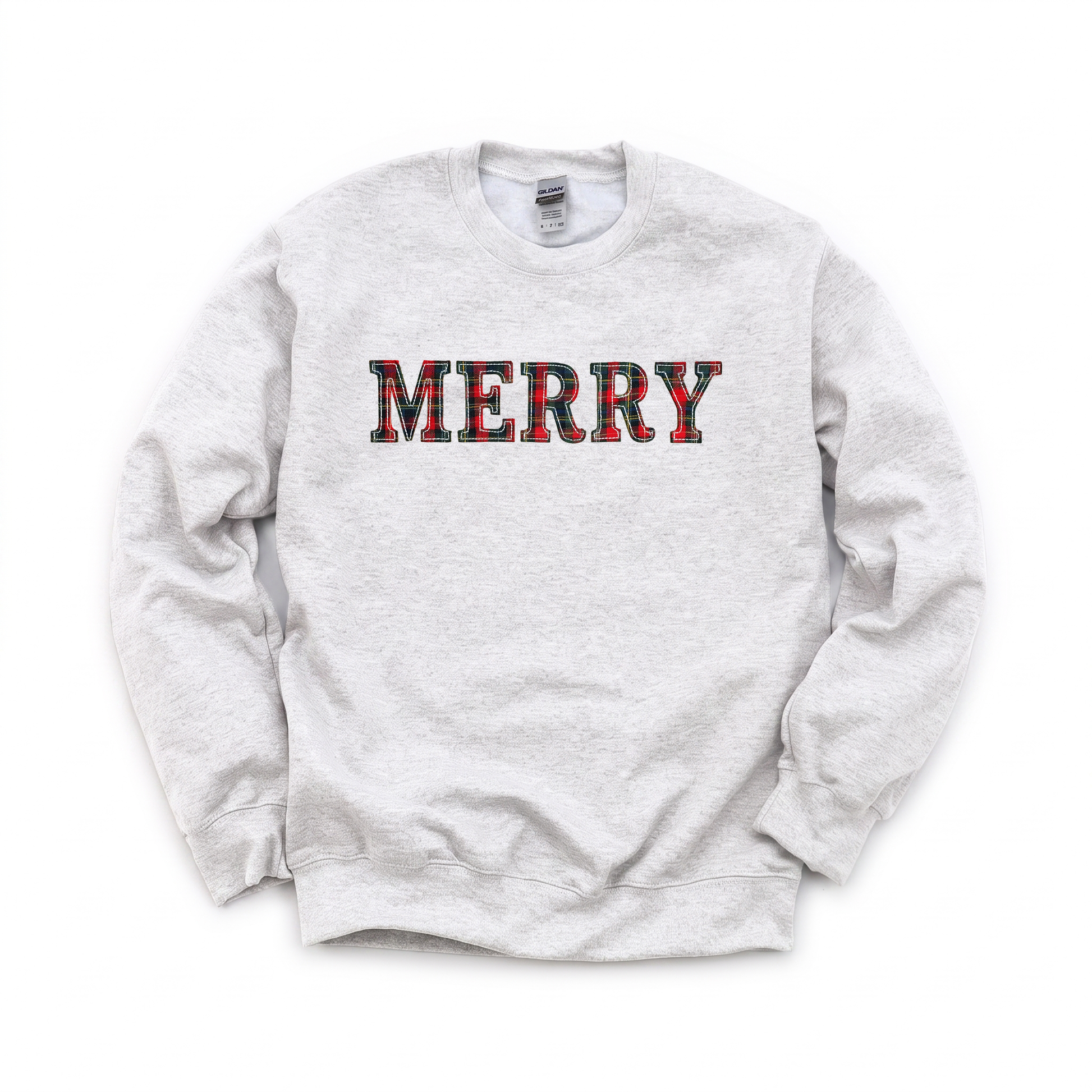 Merry Plaid Text graphic on Gildan 18000 in Ash