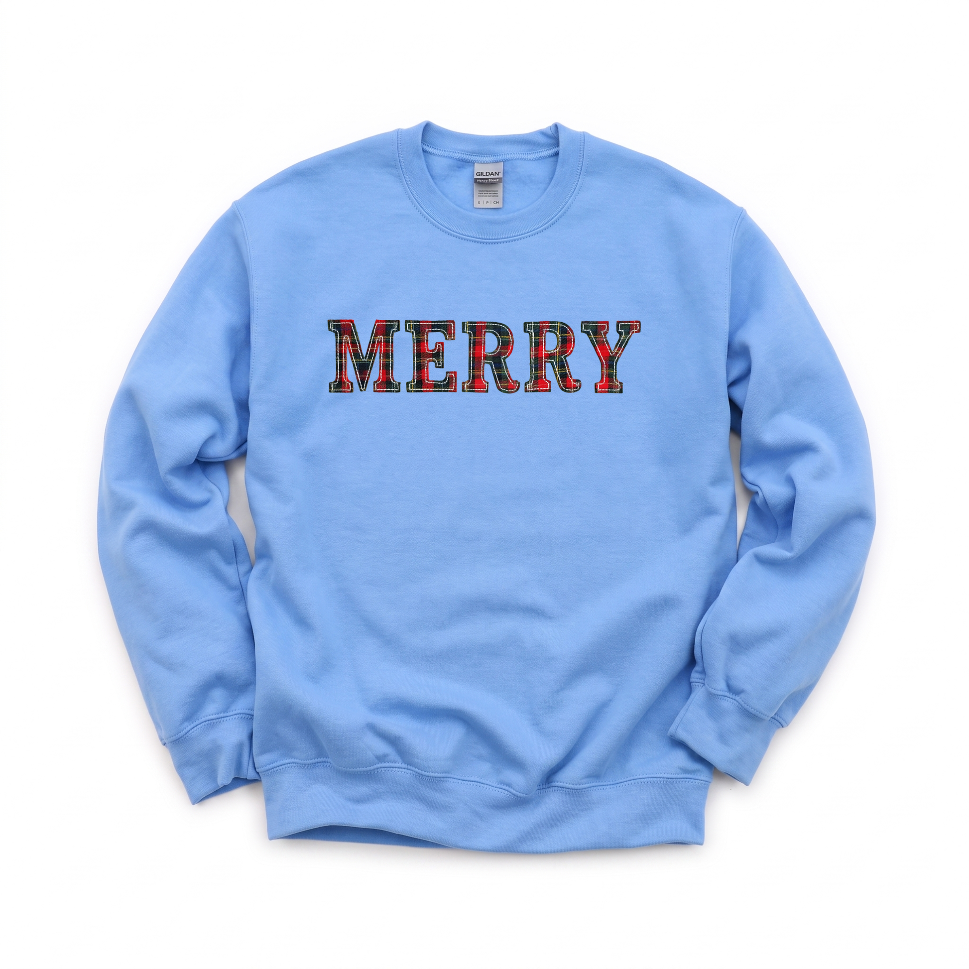 Merry Plaid Text graphic on Gildan 18000 in Carolina Blue