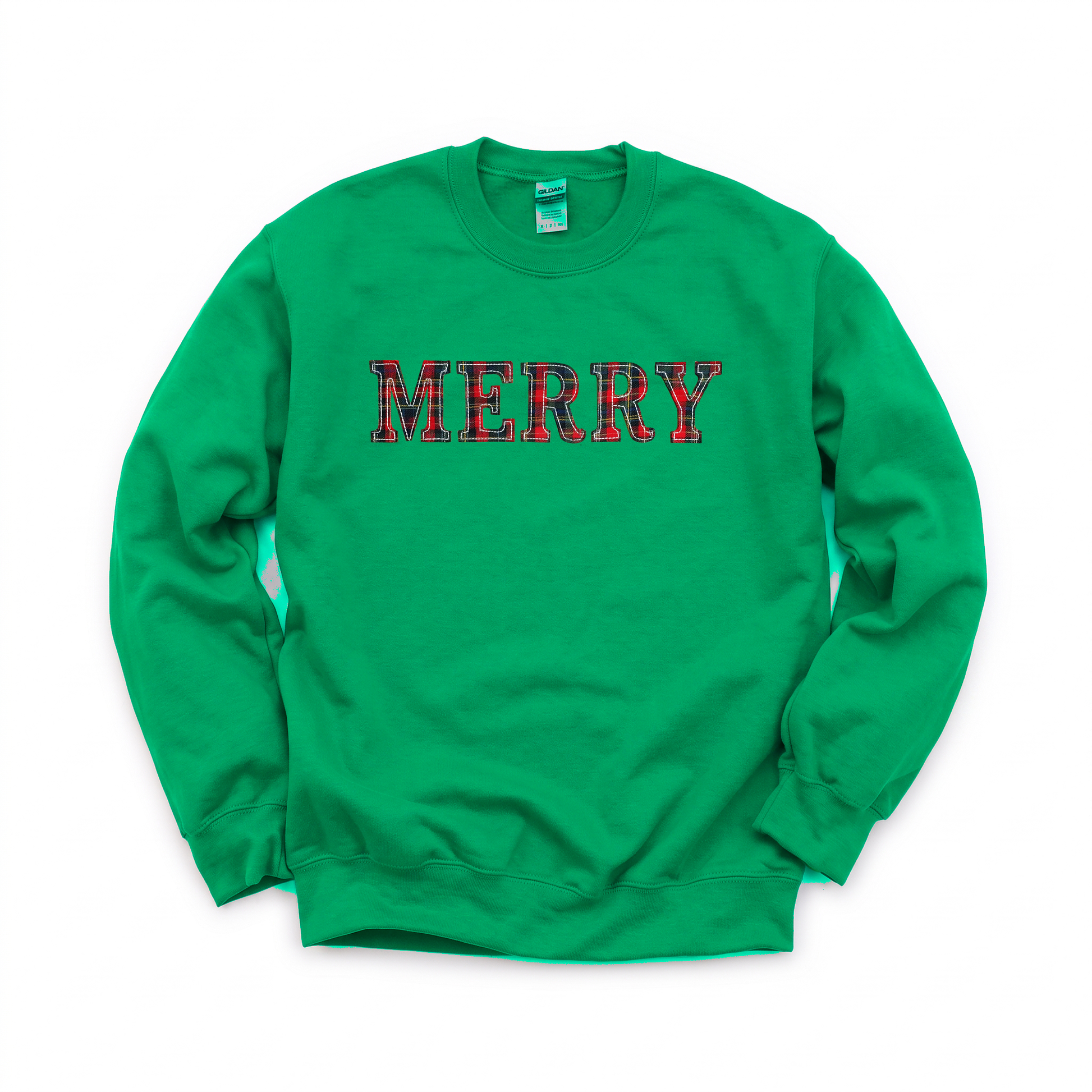 Merry Plaid Text graphic on Gildan 18000 in Irish Green