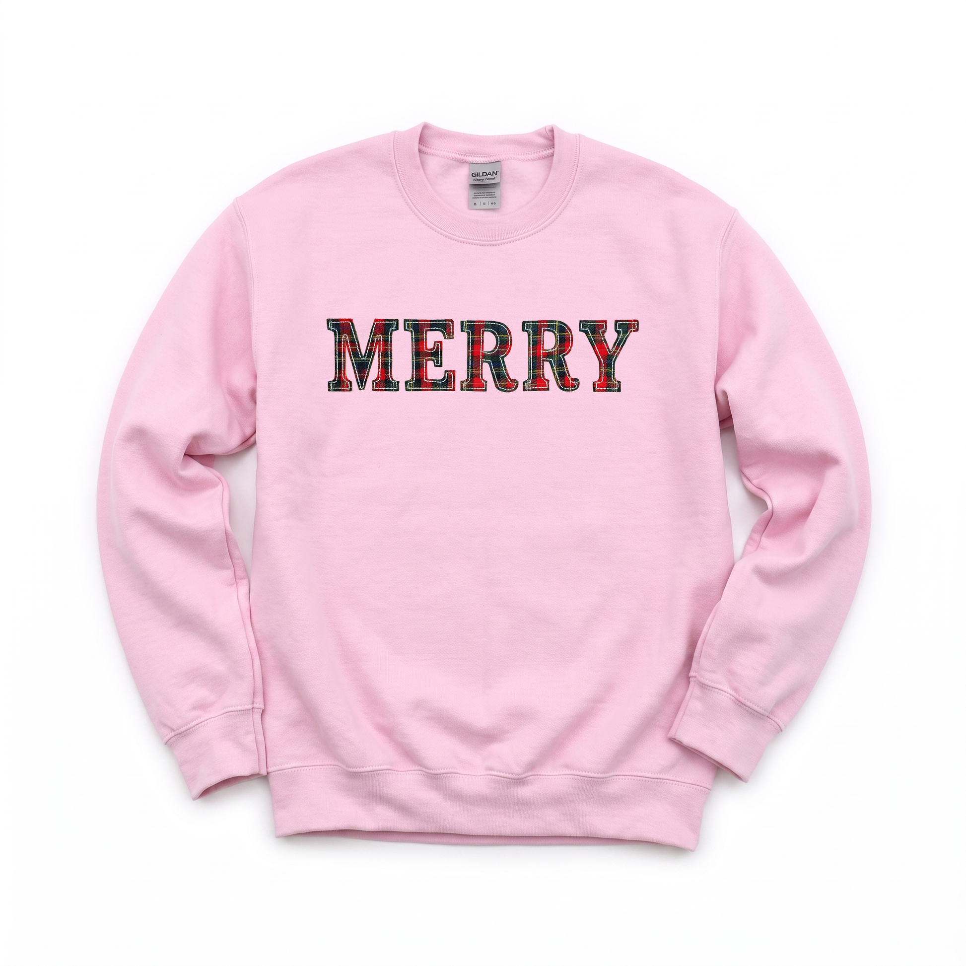 Merry Plaid Text graphic on Gildan 18000 in Light Pink