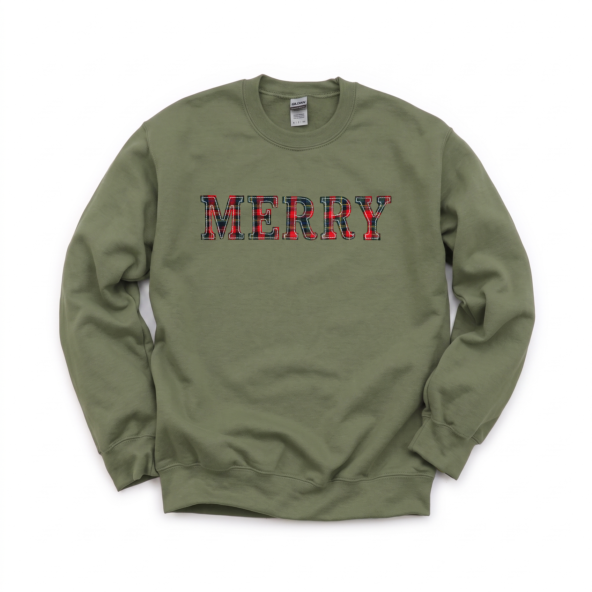 Merry Plaid Text graphic on Gildan 18000 in Military Green