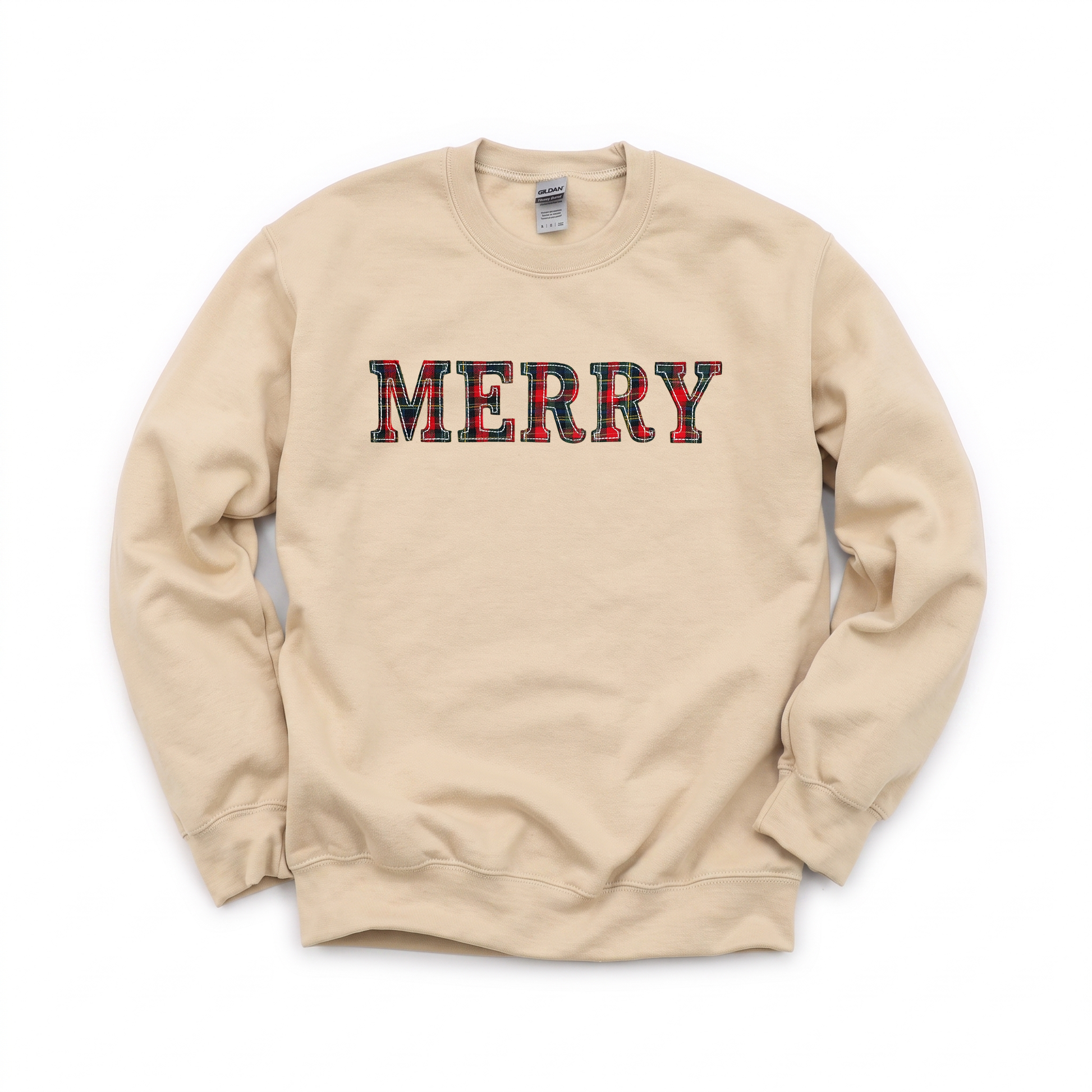 Merry Plaid Text graphic on Gildan 18000 in Sand