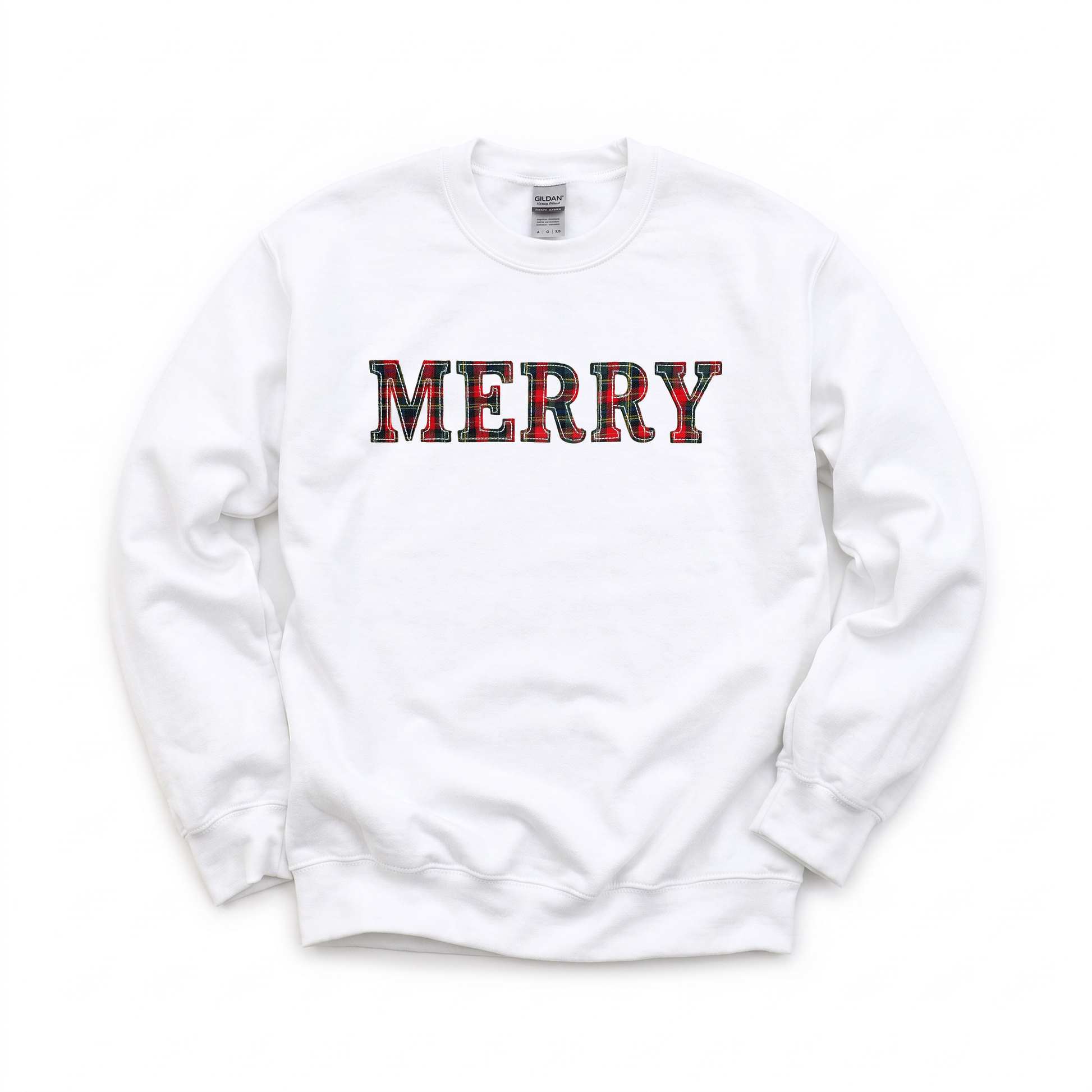 Merry Plaid Text graphic on Gildan 18000 in White