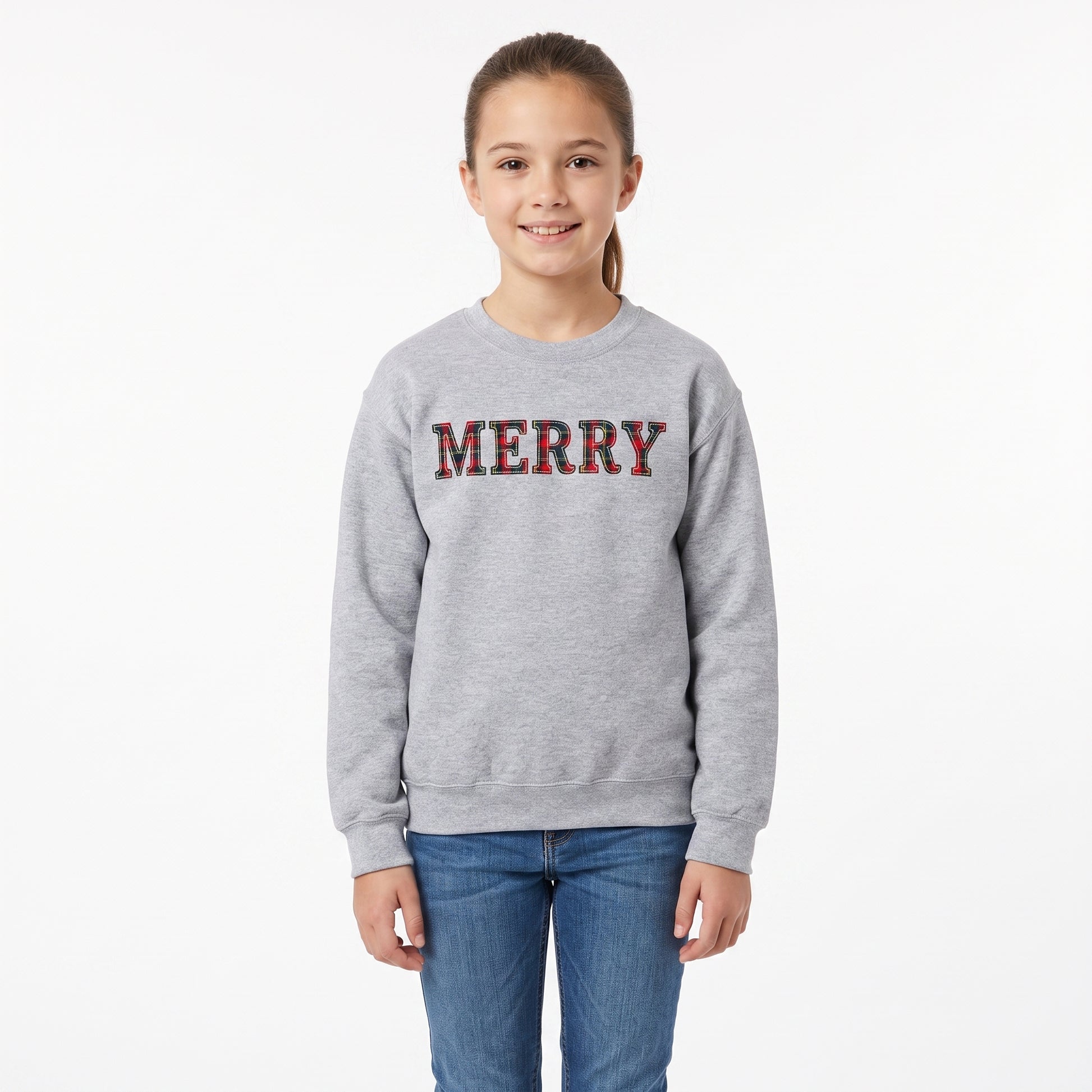 Model wearing the Merry Plaid Text youth sweatshirt in Sport Grey, cover image 1