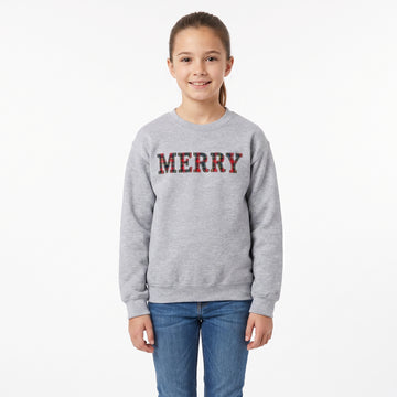 Model wearing the Merry Plaid Text youth sweatshirt in Sport Grey, cover image 1