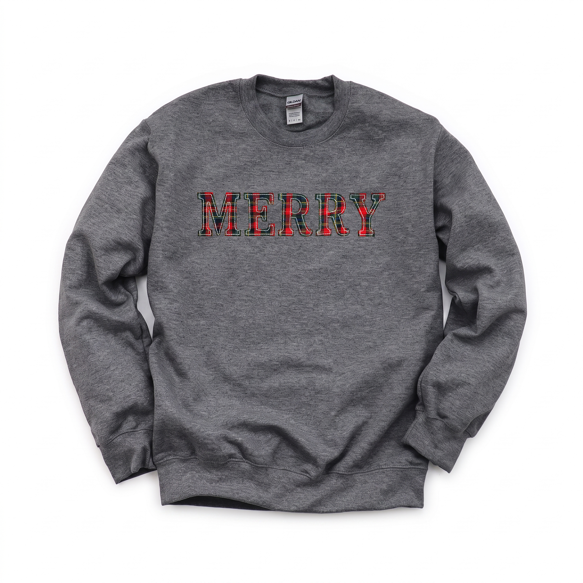 Merry Plaid Text graphic on Gildan 18000B Youth Heavy Blend Sweatshirt in Dark Heather