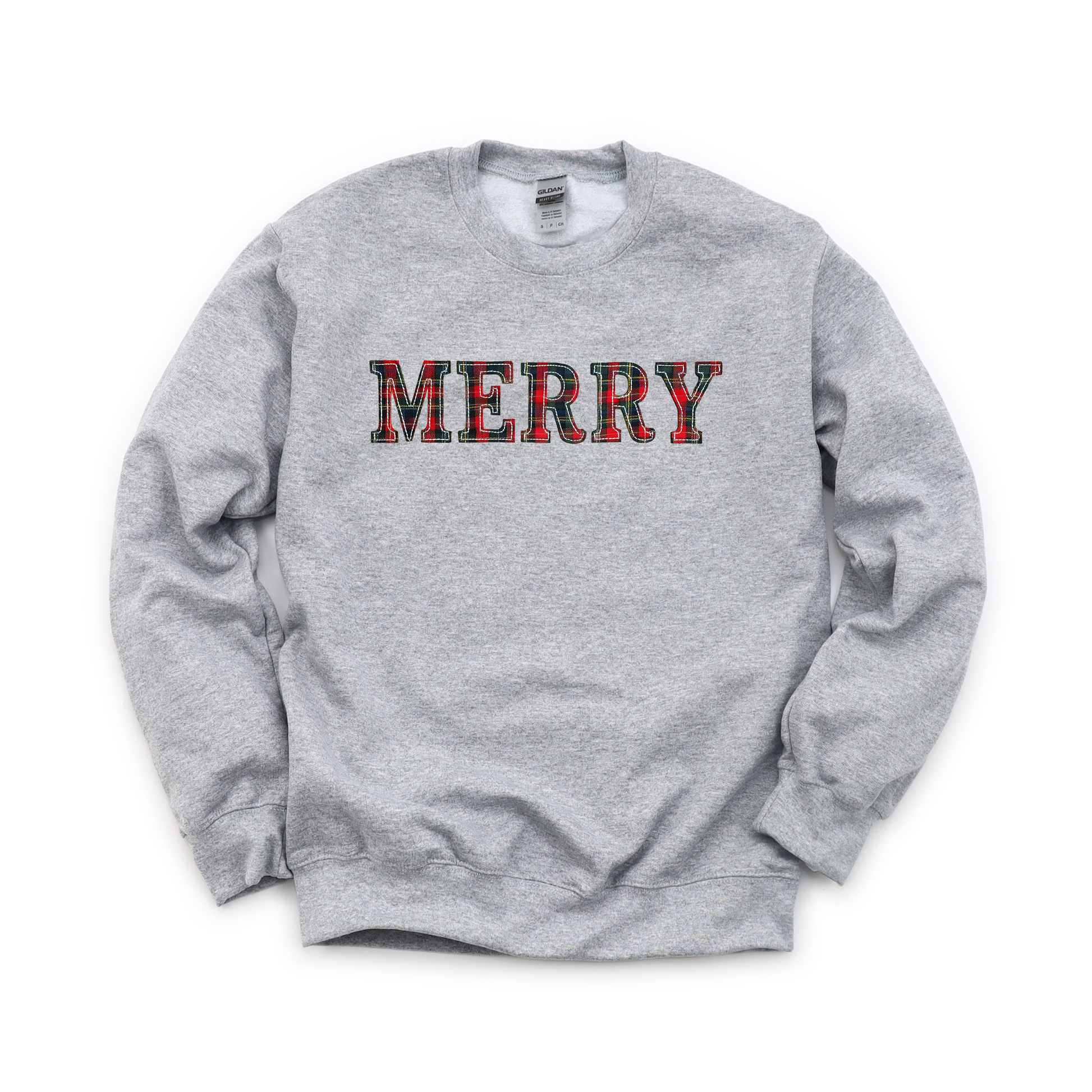 Merry Plaid Text graphic on Gildan 18000B Youth Heavy Blend Sweatshirt in Sport Grey