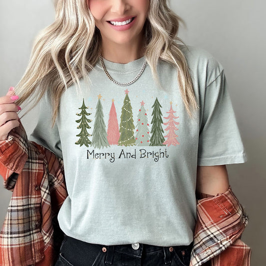 Merry and Bright Christmas Trees, Snowflakes, Stars, Decorations, Pinks, Greens, Comfort Colors, Tshirt