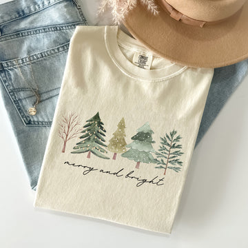Merry and Bright, Christmas Trees, Minimalist, Winter, Snow, Xmas Tshirt Comfort Colors T-Shirt