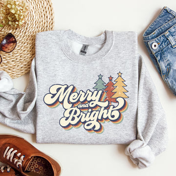 Merry and Bright, Colorful Retro, Christmas, Winter, Xmas, Santa Sweatshirt