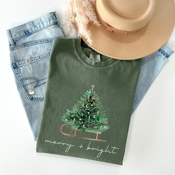 Merry and Bright, Sleigh, Christmas Tree, Winter, Snow, Xmas Tshirt Comfort Colors T-Shirt