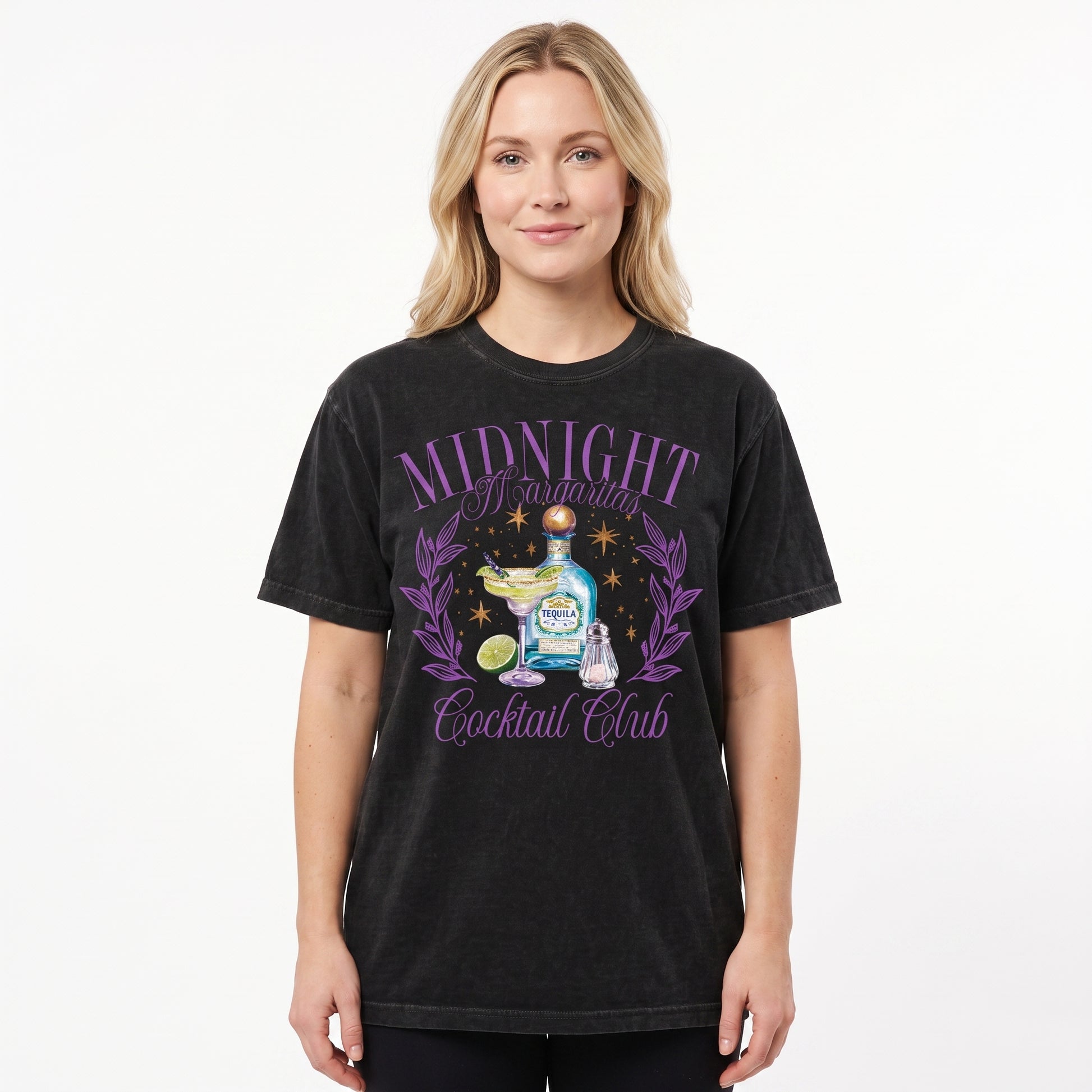 Model wearing the Midnight Margaritas comfort colors tee in Black, cover image 1