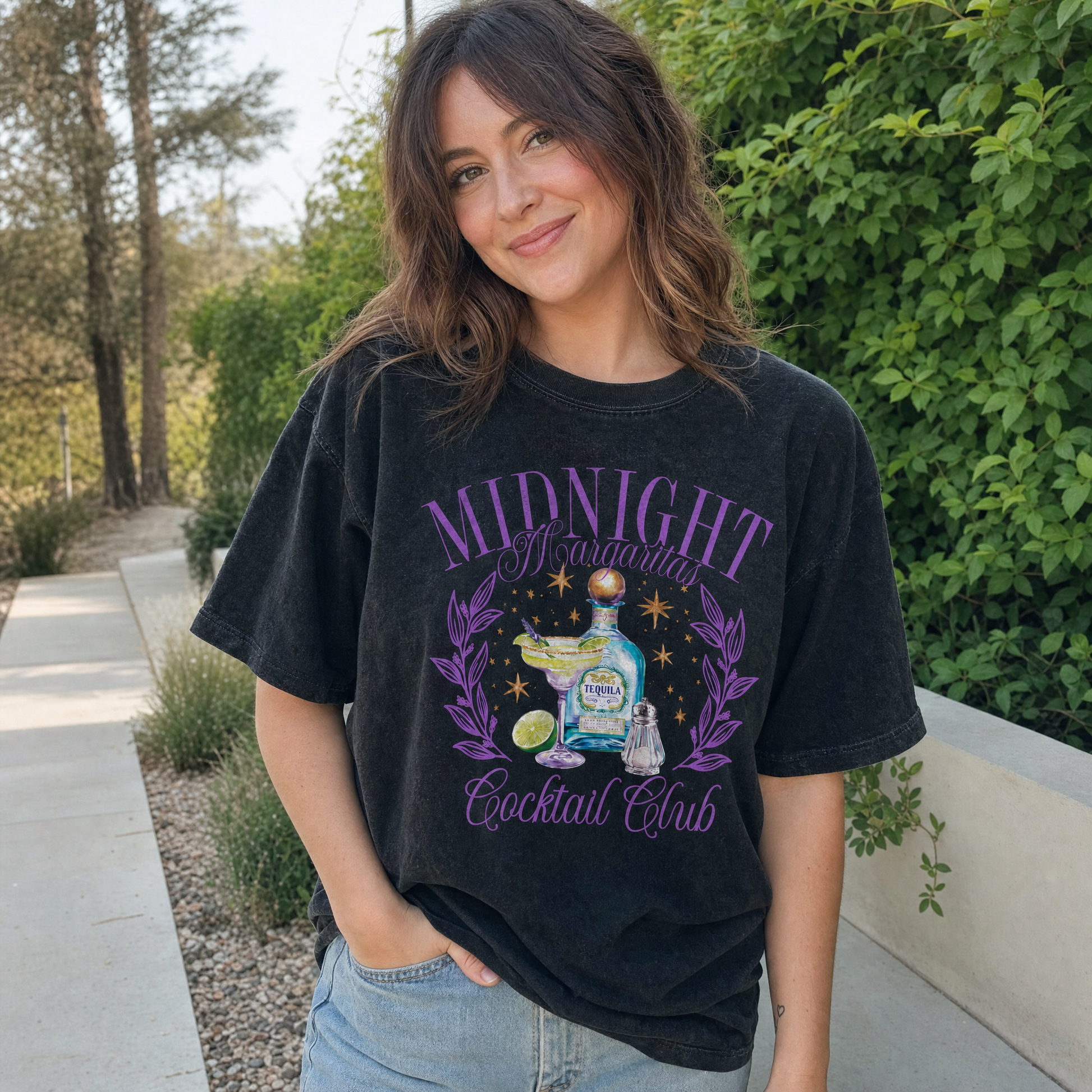Model wearing the Midnight Margaritas comfort colors tee in Black, lifestyle image 1