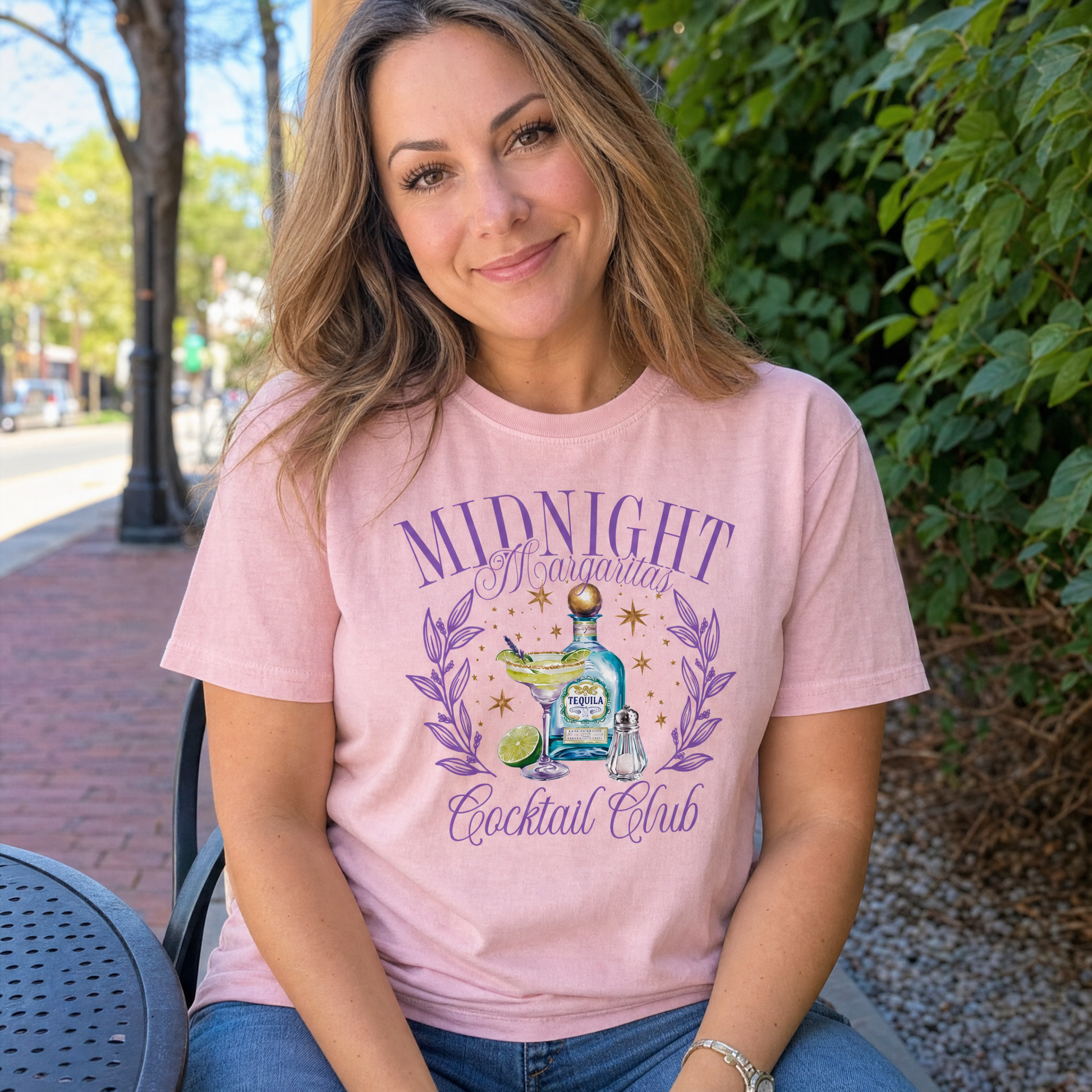 Model wearing the Midnight Margaritas comfort colors tee in Blossom