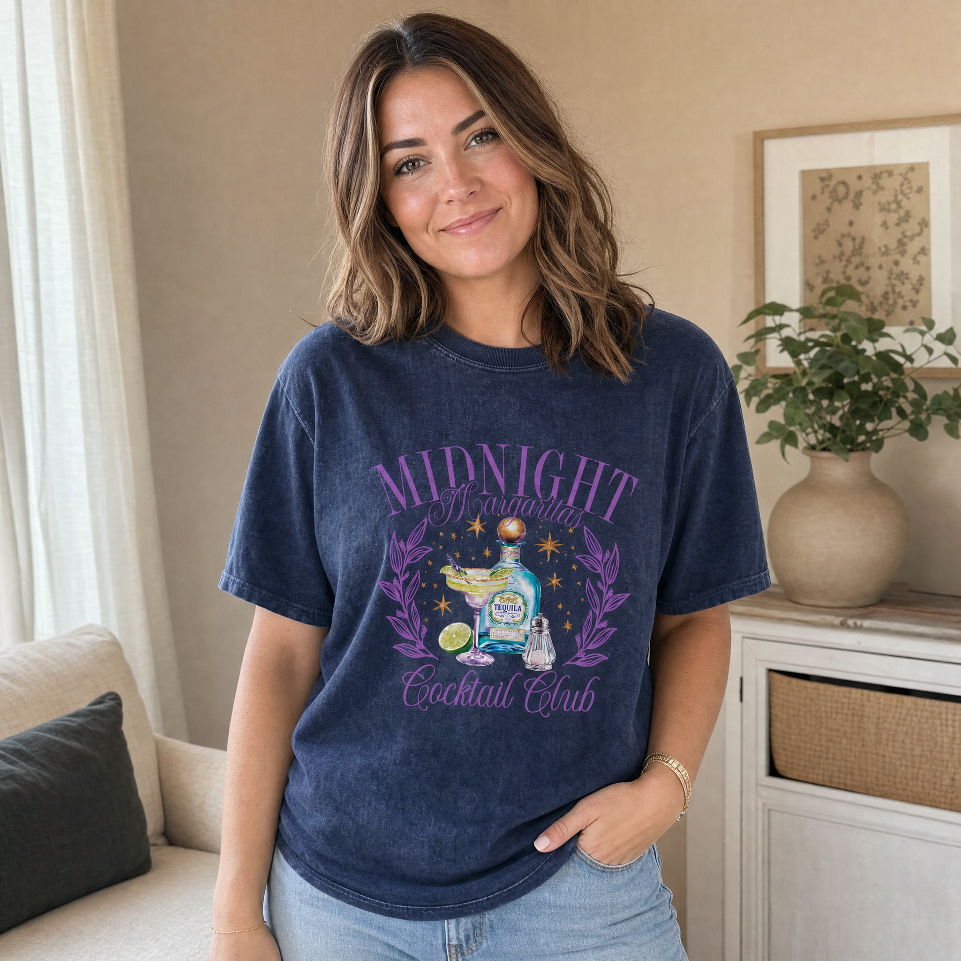 Model wearing the Midnight Margaritas comfort colors tee in Navy