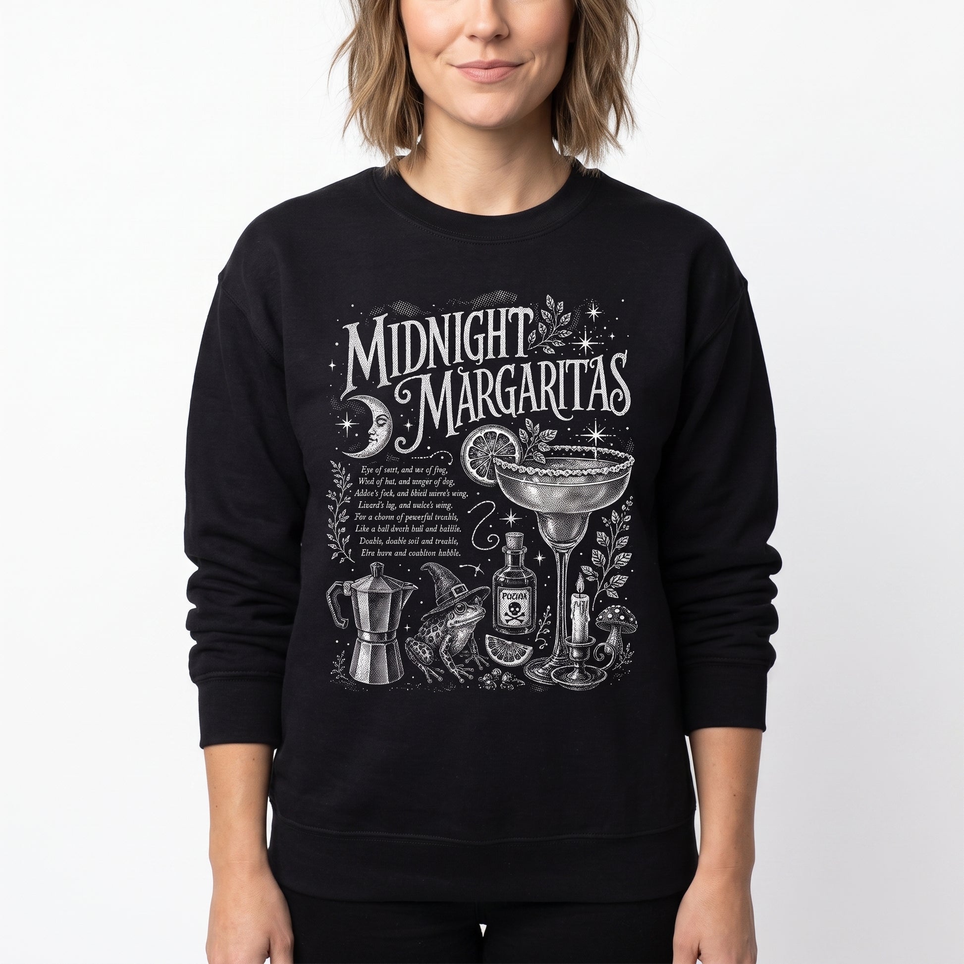 Model wearing the Midnight Margaritas sweatshirt in Black, cover image 1