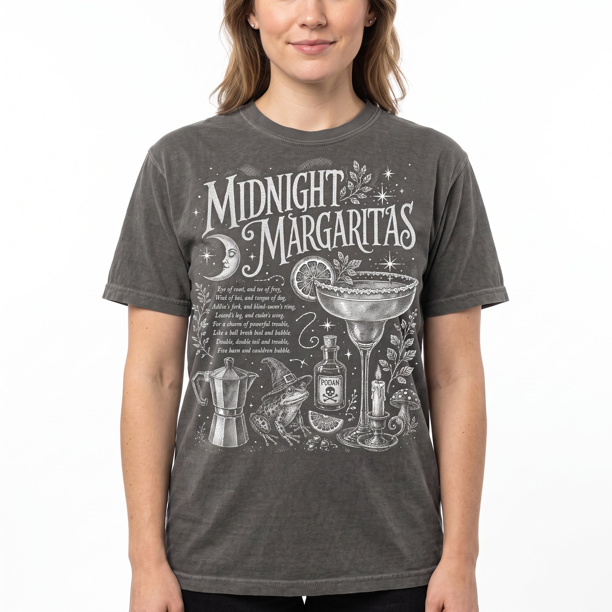 Model wearing the Midnight Margaritas comfort colors tee in Pepper, cover image 1