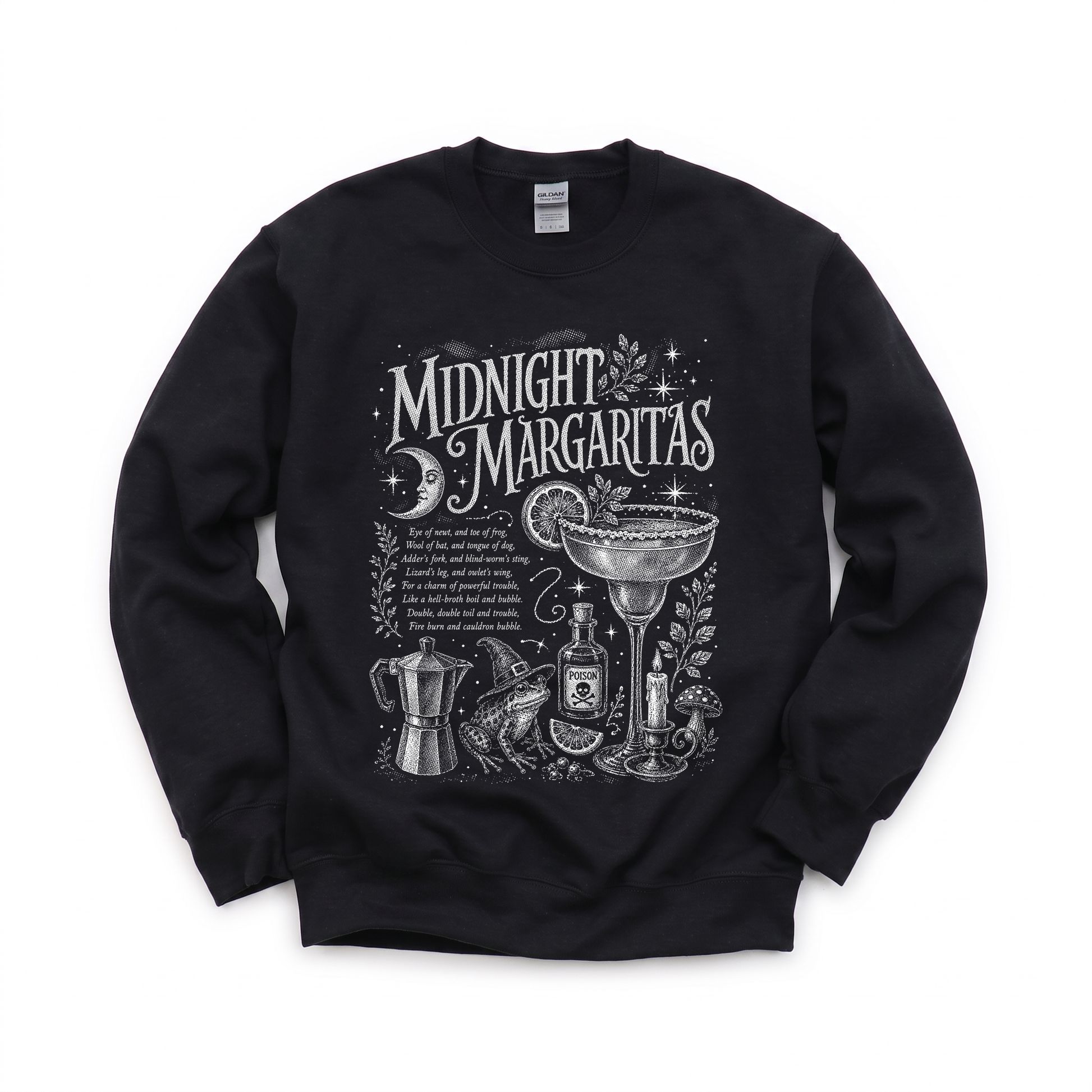 Midnight Margaritas graphic on Gildan 18000 in Black