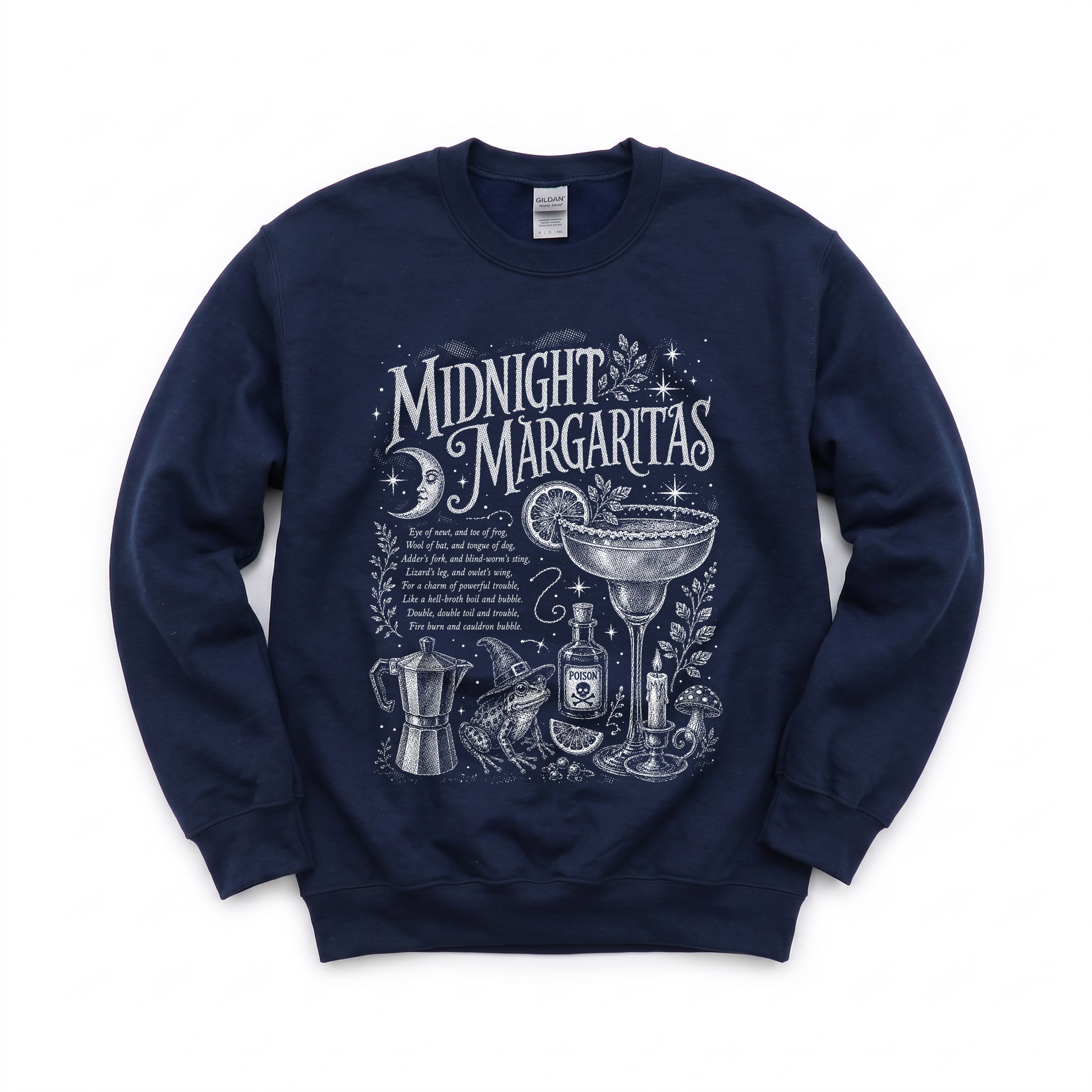 Midnight Margaritas graphic on Gildan 18000 in Navy