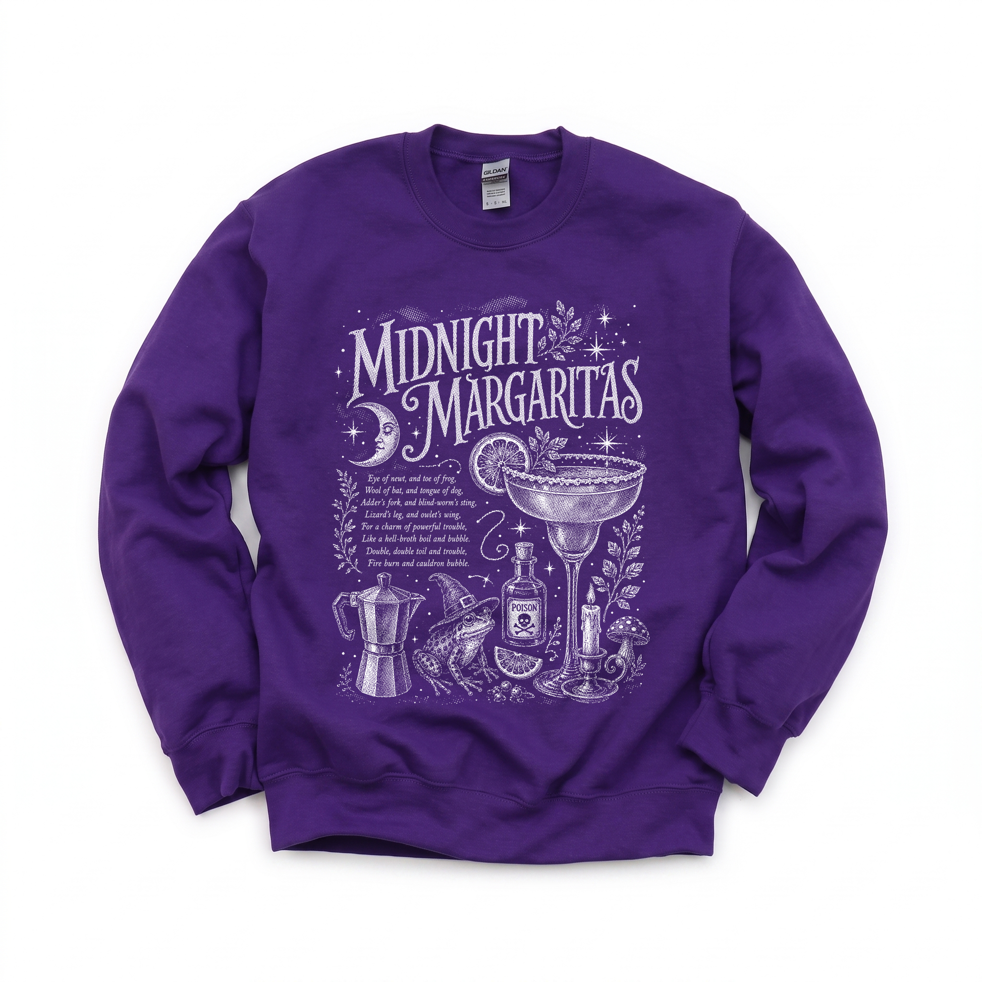 Midnight Margaritas graphic on Gildan 18000 in Purple