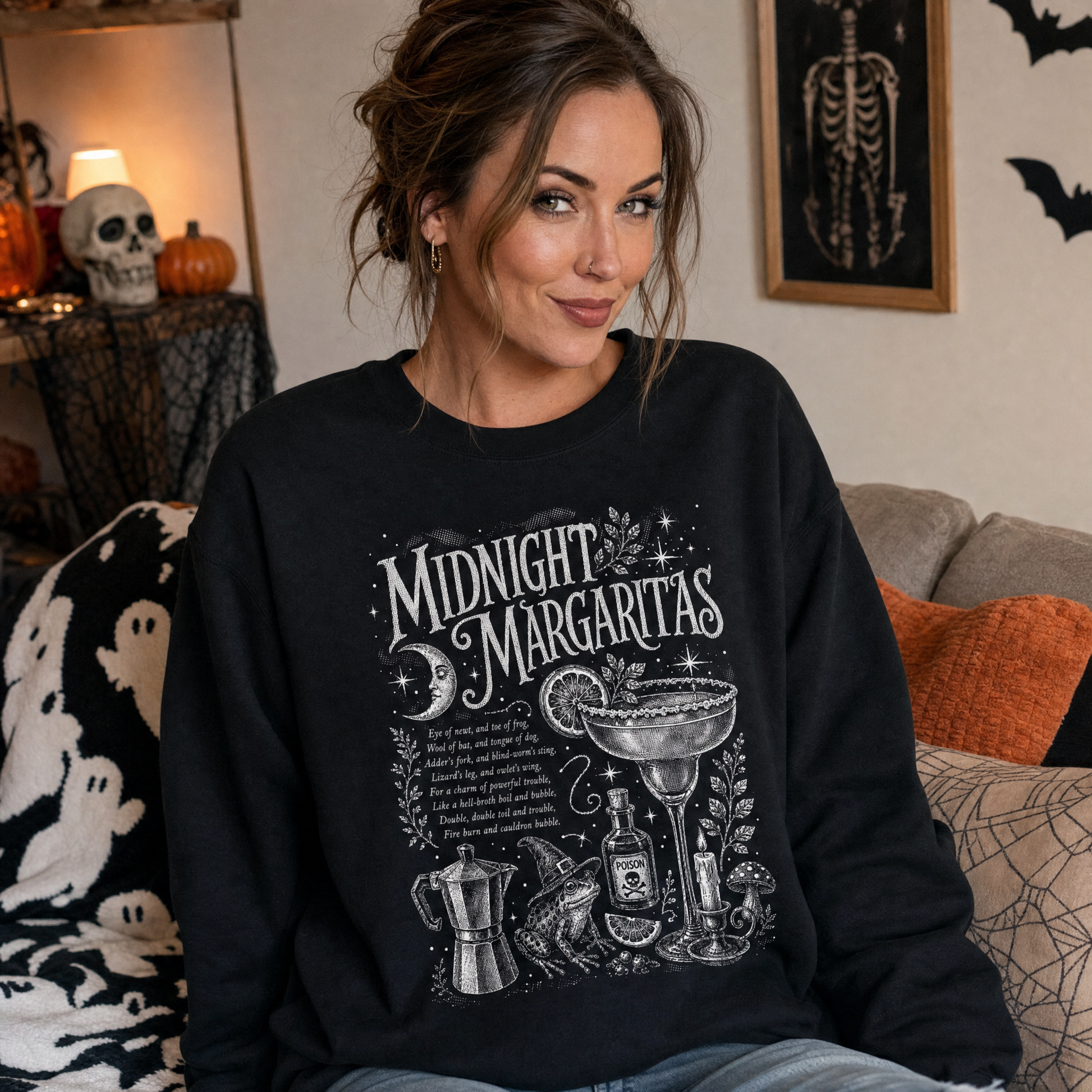 Model wearing the Midnight Margaritas sweatshirt in Black, lifestyle image 1