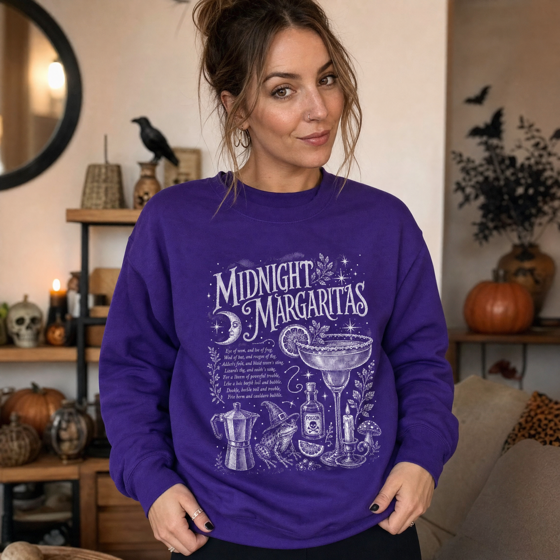 Model wearing the Midnight Margaritas sweatshirt in Purple