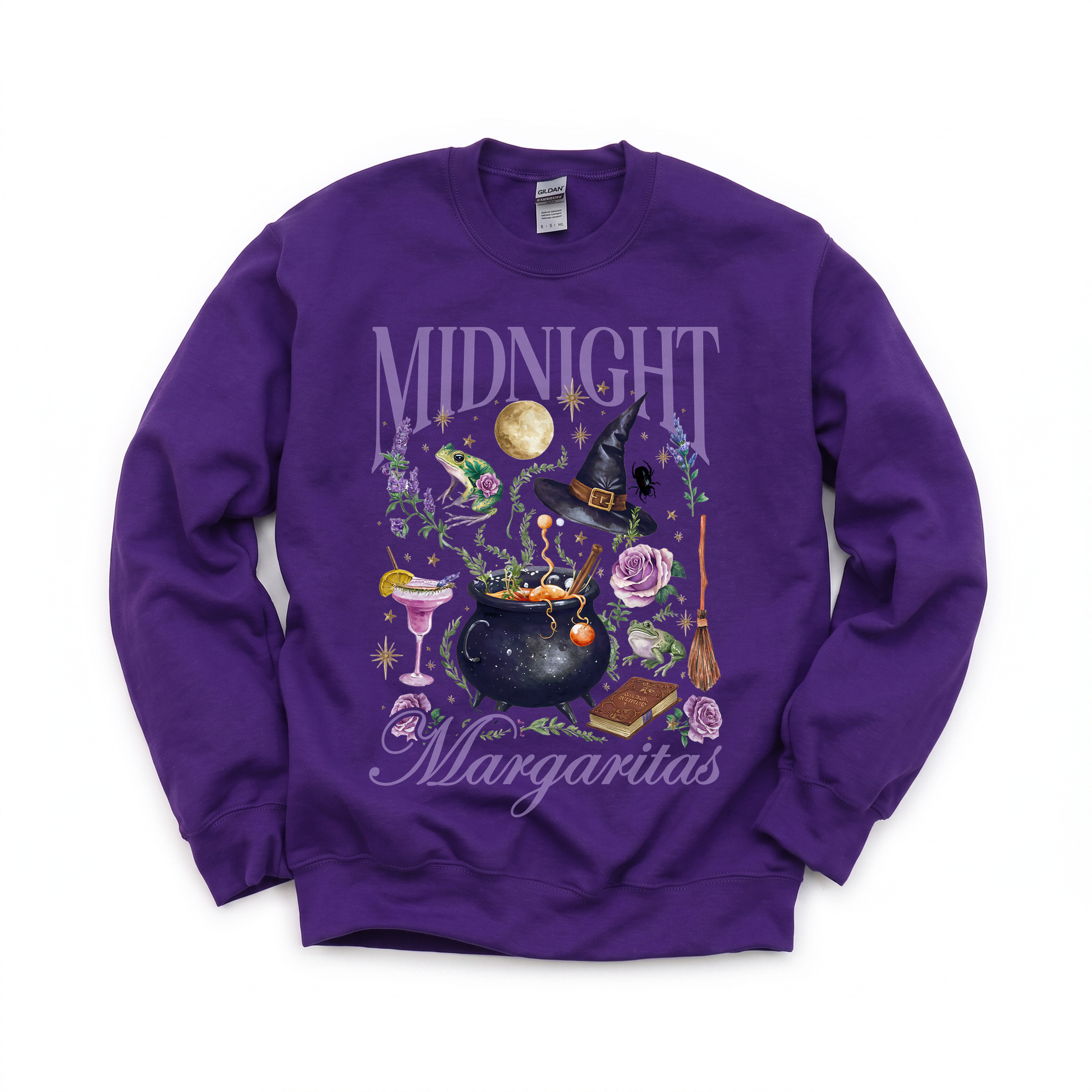 Midnight Margaritas graphic on Gildan 18000 in Purple