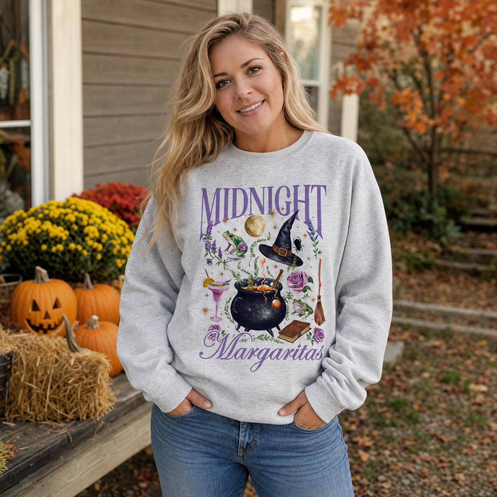 Model wearing the Midnight Margaritas sweatshirt in Ash