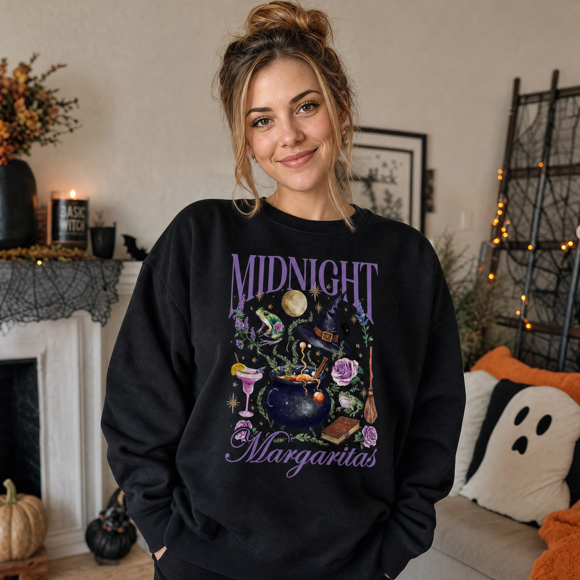 Model wearing the Midnight Margaritas sweatshirt in Black, lifestyle image 1