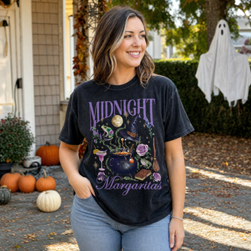 Model wearing the Midnight Margaritas comfort colors tee in Black, lifestyle image 1