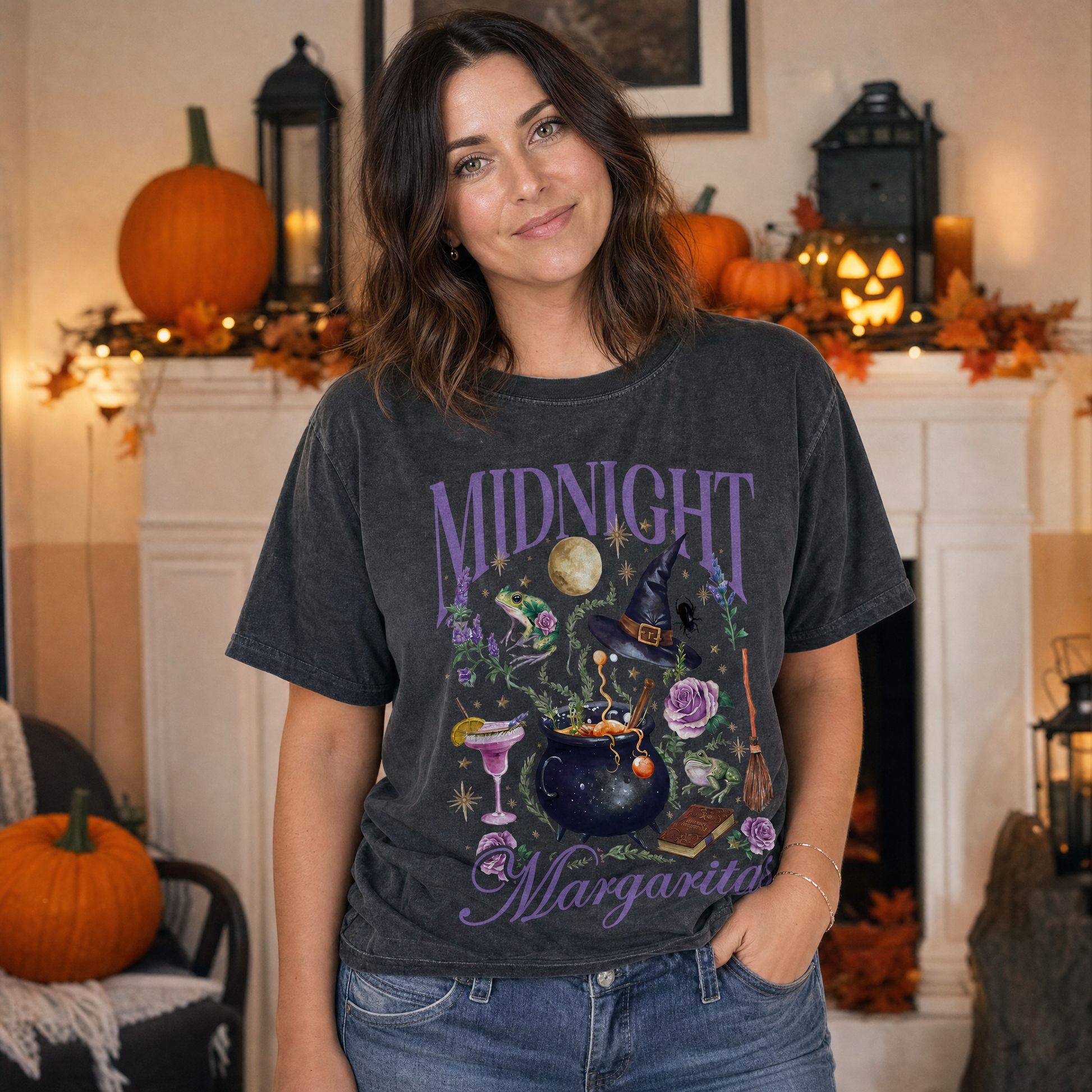 Model wearing the Midnight Margaritas comfort colors tee in Graphite