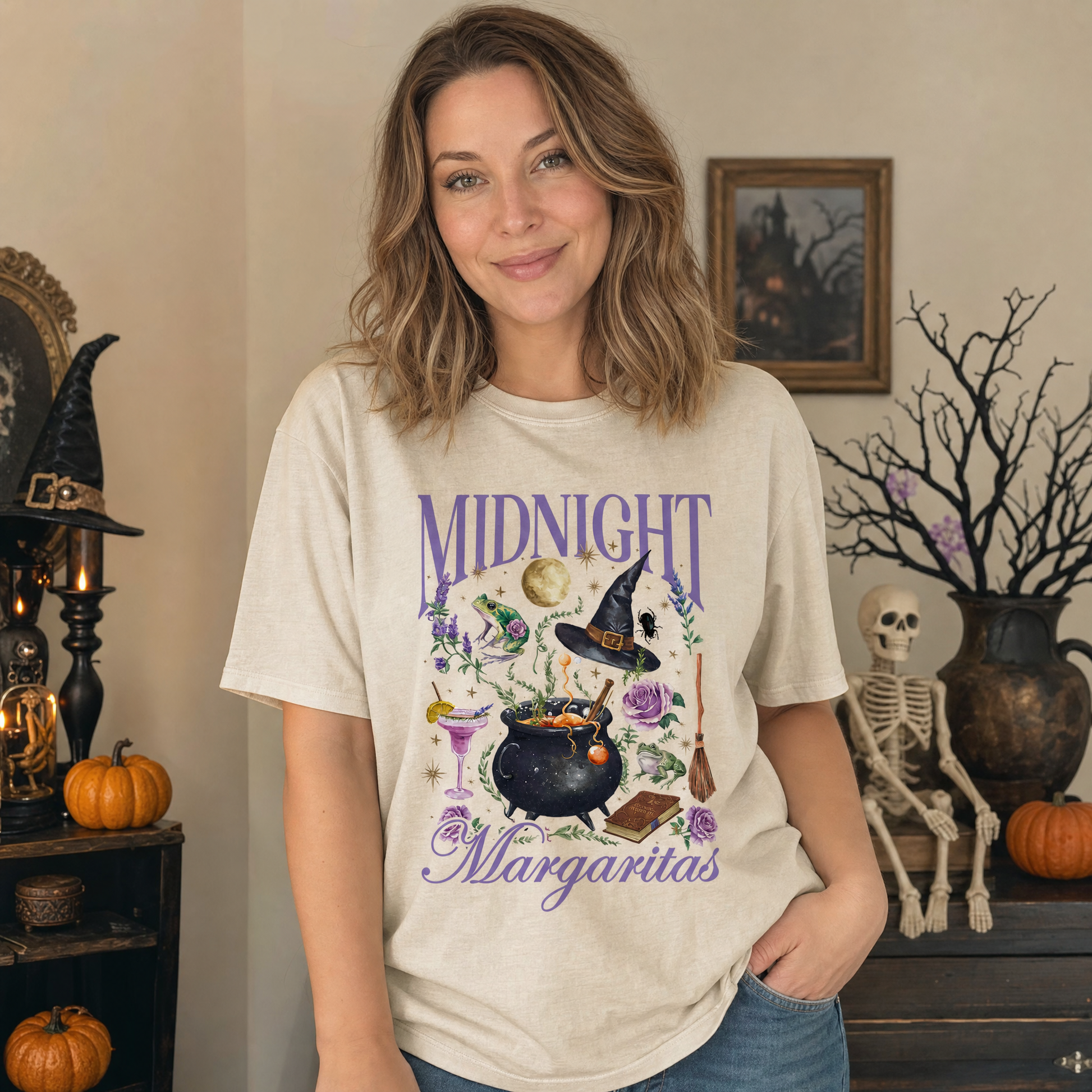 Model wearing the Midnight Margaritas comfort colors tee in Ivory