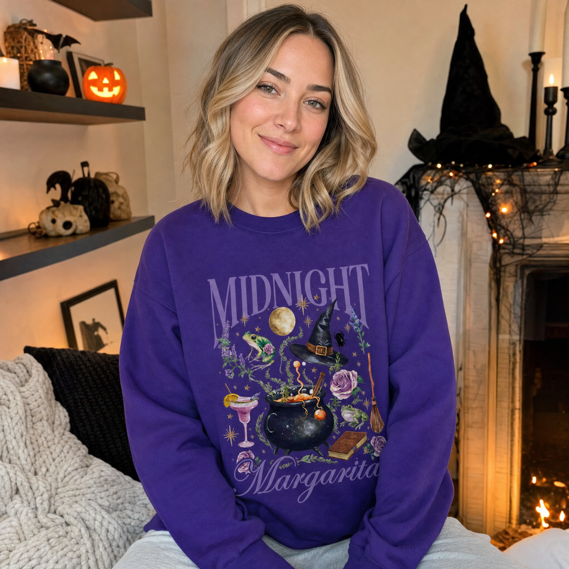Model wearing the Midnight Margaritas sweatshirt in Purple