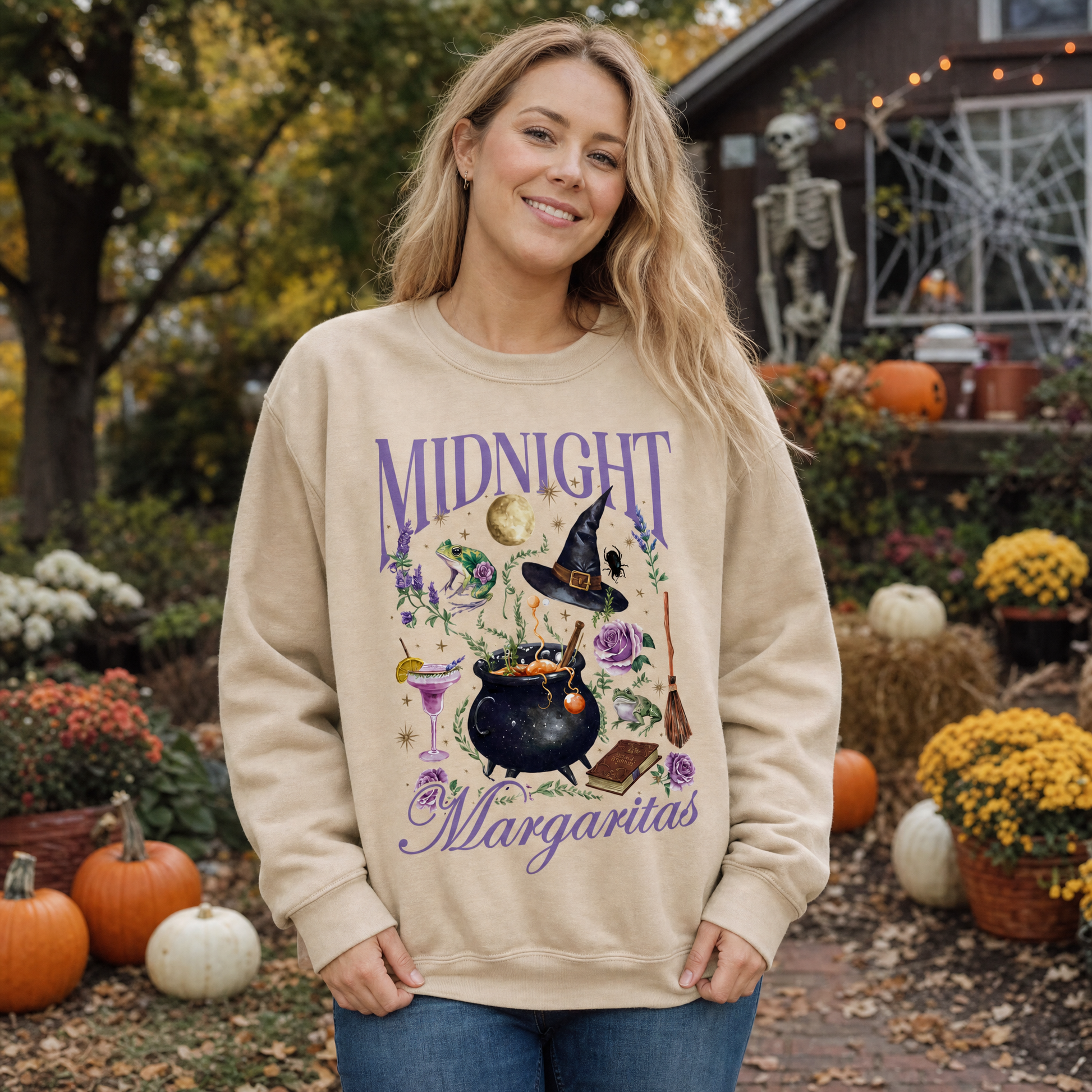 Model wearing the Midnight Margaritas sweatshirt in Sand