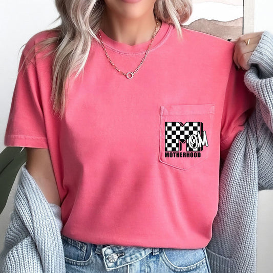 Mom, Motherhood, Retro, Checkered, Pocket Tee