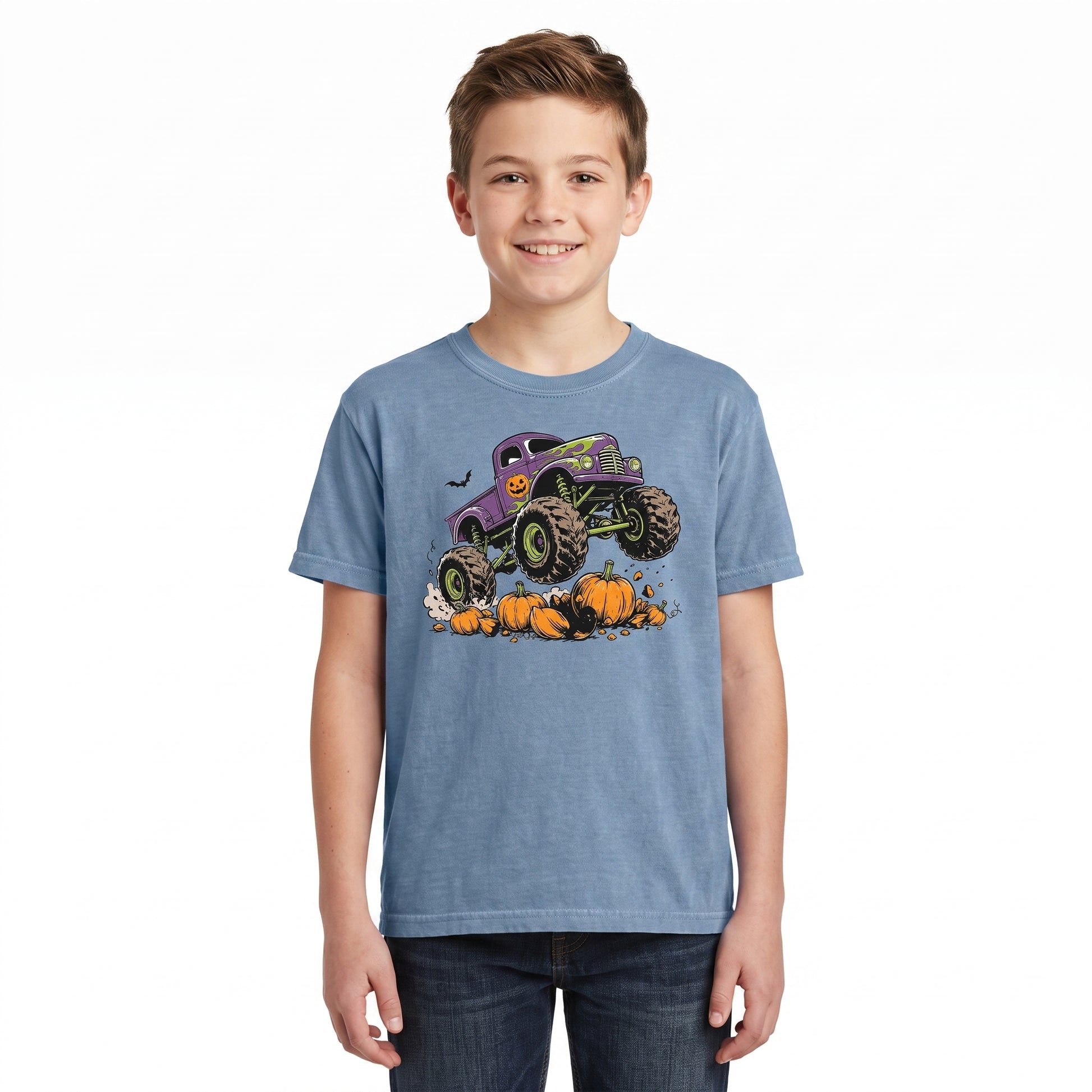 Model wearing the Monster Truck youth comfort colors tee in Blue Jean, cover image 1
