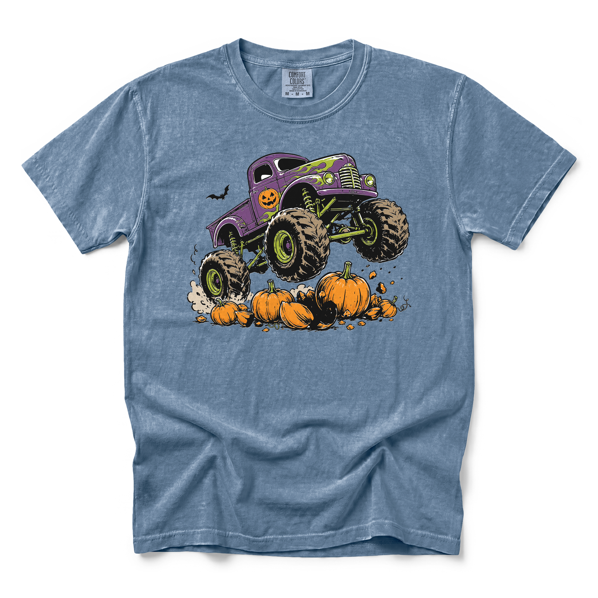 Monster Truck graphic on Comfort Colors 9018 Youth Midweight Tee in Blue Jean