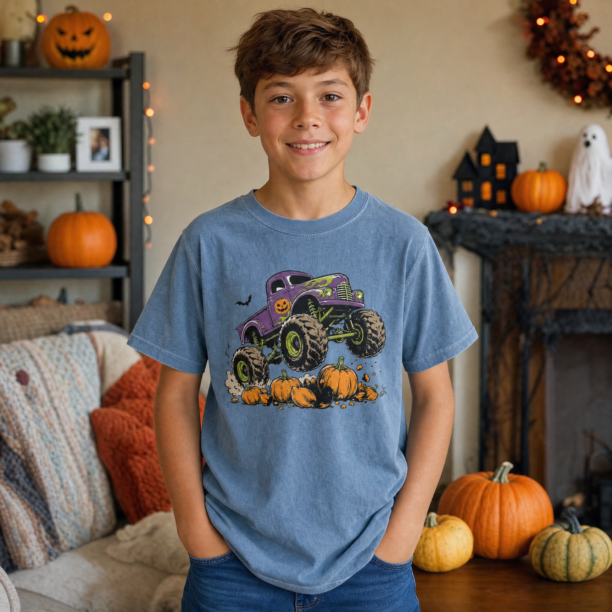 Model wearing the Monster Truck youth comfort colors tee in Blue Jean, lifestyle image 1