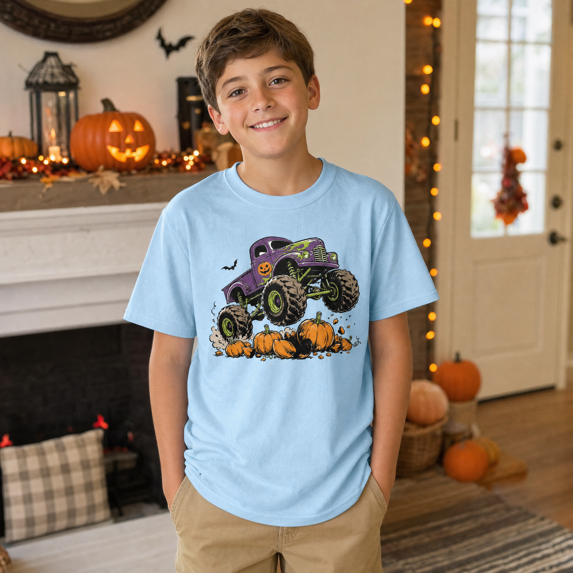 Model wearing the Monster Truck youth comfort colors tee in Chambray