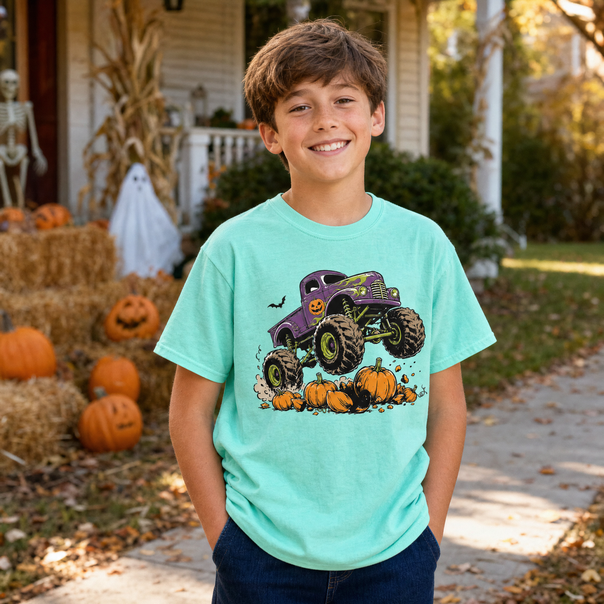 Model wearing the Monster Truck youth comfort colors tee in Island Reef