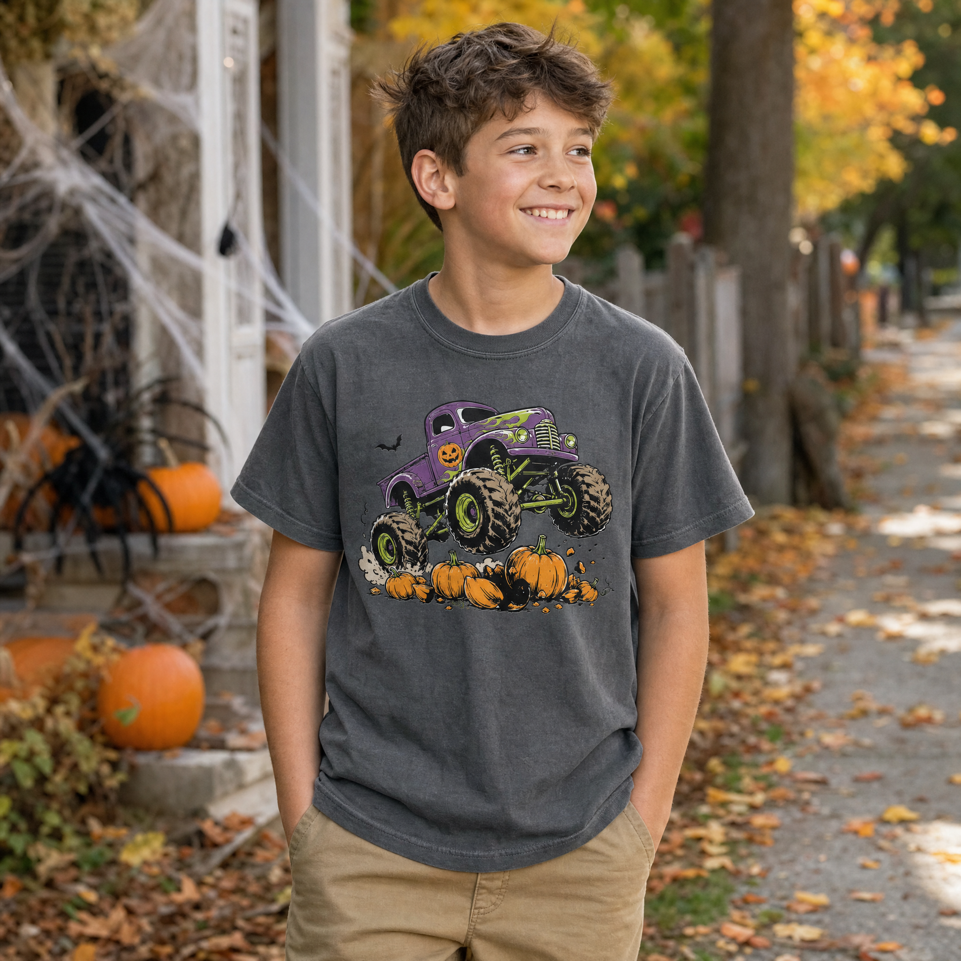 Model wearing the Monster Truck youth comfort colors tee in Pepper
